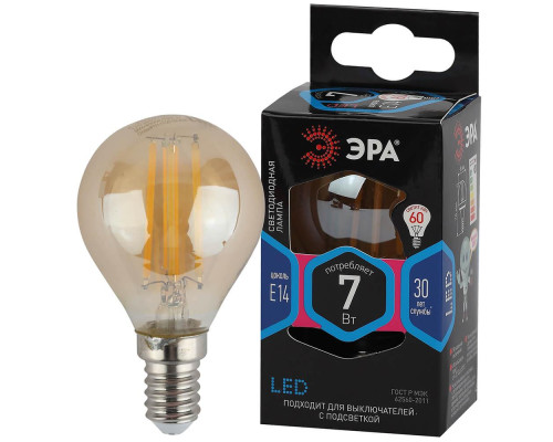 Лампа светодиодная филаментная ЭРА E14 7W 4000K золотая F-LED P45-7W-840-E14 gold Б0047018
