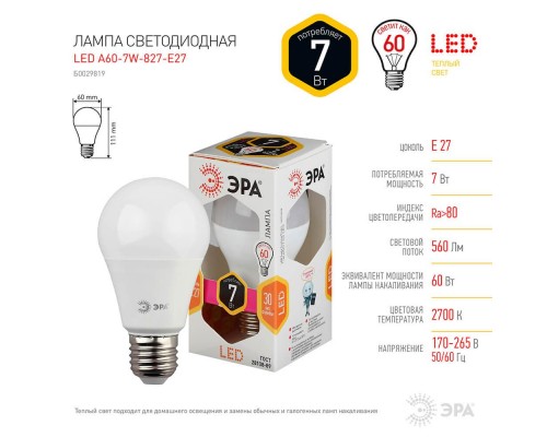 Лампа светодиодная ЭРА E27 7W 2700K матовая LED A60-7W-827-E27 Б0029819