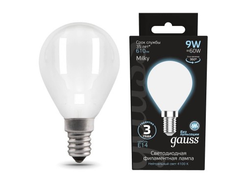 Лампа светодиодная филаментная Gauss E14 9W 4100К матовая 105201209 Лампа светодиодная филаментная Gauss E14 9W 4100К матовая 105201209