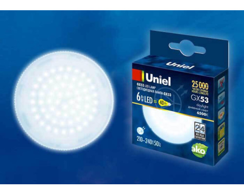Лампа светодиодная Uniel GX53 6W 6500K матовая LED-GX53-6W/6500K/GX53/FR PLZ01WH UL-00005311 Лампа светодиодная Uniel GX53 6W 6500K матовая LED-GX53-6W/6500K/GX53/FR PLZ01WH UL-00005311