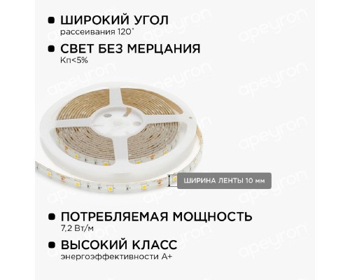 Светодиодная влагозащищенная лента Apeyron 7,2W/m 30LED/m 5050SMD теплый белый 5M 10-02 Светодиодная влагозащищенная лента Apeyron 7,2W/m 30LED/m 5050SMD теплый белый 5M 10-02
