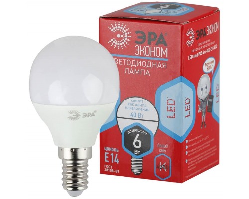 Лампа светодиодная ЭРА E14 6W 4000K матовая ECO LED P45-6W-840-E14 Б0019077