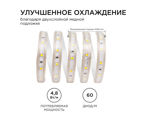 Светодиодная влагозащищенная лента Apeyron 4,8W/m 60LED/m 5050SMD теплый белый 5M 10-05 Светодиодная влагозащищенная лента Apeyron 4,8W/m 60LED/m 5050SMD теплый белый 5M 10-05