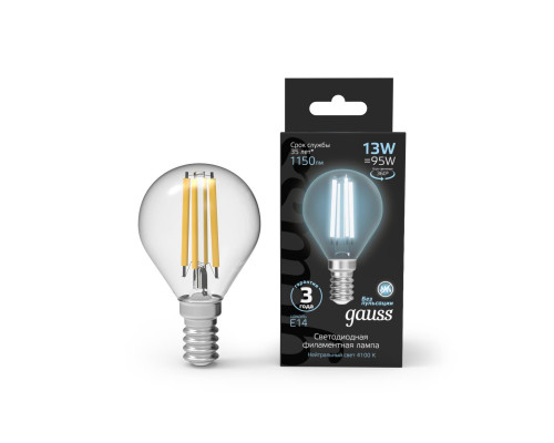 Лампа светодиодная филаментная Gauss E14 13W 4100K прозрачная 105801213