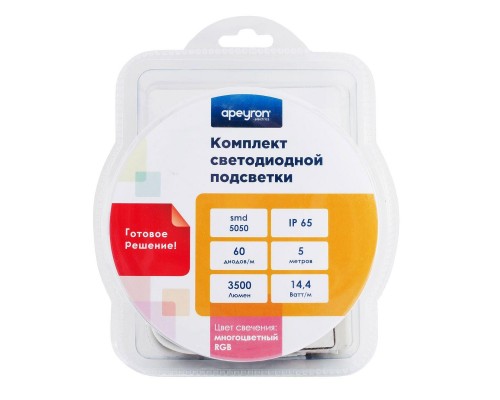 Светодиодная влагозащищенная лента Apeyron 14,4W/m 60LED/m 3528SMD разноцветная 5M 10-35