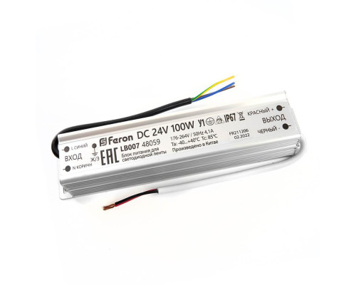 Блок питания для светодиодной ленты Feron LB007 24V 100W IP67 4,1A 48059 Блок питания для светодиодной ленты Feron LB007 24V 100W IP67 4,1A 48059