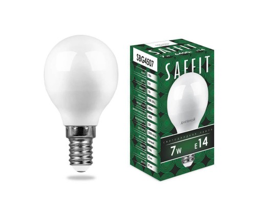 Лампа светодиодная Saffit E14 7W 6400K Шар Матовая SBG4507 55123