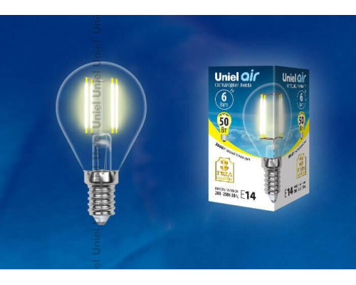 Лампа светодиодная филаментная Uniel E14 6W 3000K прозрачная LED-G45-6W/WW/E14/CL GLA01TR UL-00002201 Лампа светодиодная филаментная Uniel E14 6W 3000K прозрачная LED-G45-6W/WW/E14/CL GLA01TR UL-00002201