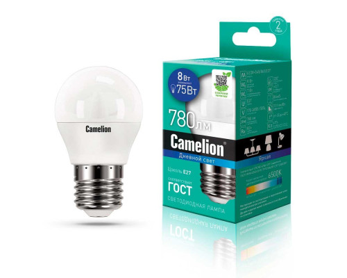 Лампа светодиодная Camelion E27 8W 6500K LED8-G45/865/E27 13373 Лампа светодиодная Camelion E27 8W 6500K LED8-G45/865/E27 13373