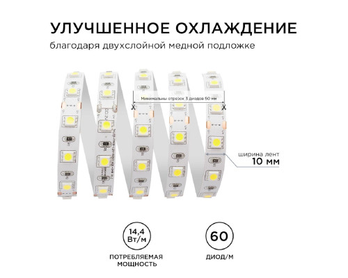 Светодиодная лента Apeyron 14,4W/m 60LED/m 5050SMD холодный белый 5M 00-15 Светодиодная лента Apeyron 14,4W/m 60LED/m 5050SMD холодный белый 5M 00-15
