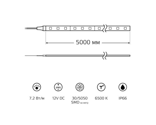 Светодиодная влагозащищенная лента Gauss 7,2W/m 30LED/m 5050SMD холодный белый 5M 311000307