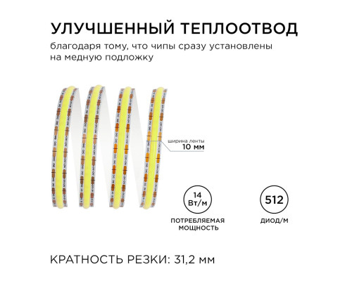 Светодиодная лента Apeyron 14W/m 512LED/m COB холодный белый 3M 200ОО Светодиодная лента Apeyron 14W/m 512LED/m COB холодный белый 3M 200ОО