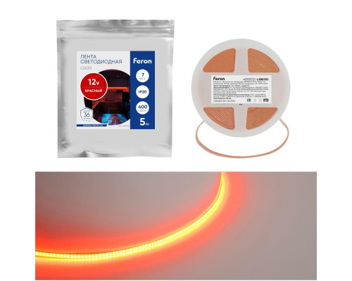 Светодиодная лента Feron 7W/m 400LED/m COB красный 5М LS630 48952
