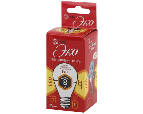 Лампа светодиодная ЭРА E27 8W 2700K матовая ECO LED P45-8W-827-E27 Б0030024