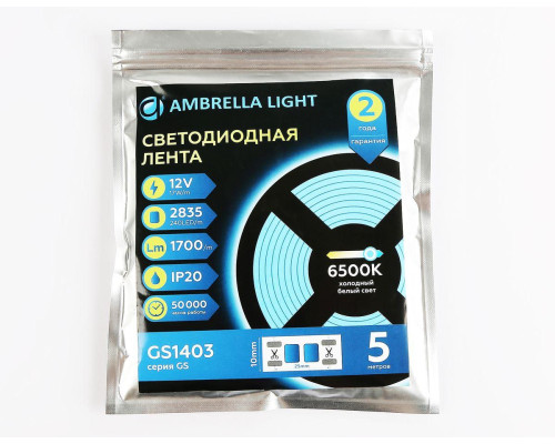 Светодиодная лента Ambrella Light 17W/m 240LED/m 2835SMD холодный белый 5M GS1403 Светодиодная лента Ambrella Light 17W/m 240LED/m 2835SMD холодный белый 5M GS1403