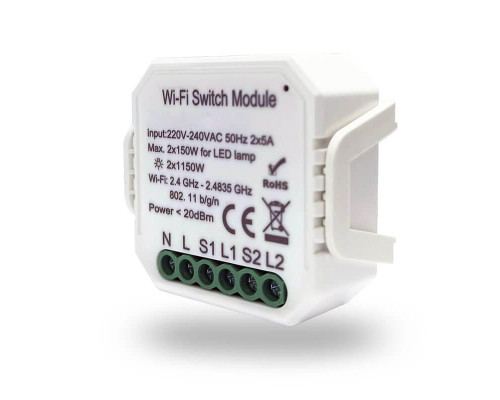 Wi-Fi реле-выключатель двухканальное Denkirs 2x1150Вт/150Вт для LED RL1002-SM Wi-Fi реле-выключатель двухканальное Denkirs 2x1150Вт/150Вт для LED RL1002-SM