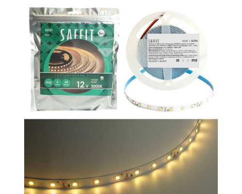 Светодиодная лента Saffit 6W/m 60LED/m 2835SMD теплый белый 5М SST01 55237 Светодиодная лента Saffit 6W/m 60LED/m 2835SMD теплый белый 5М SST01 55237