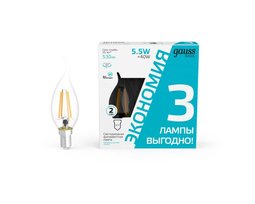 Лампа cветодиодная Gauss E14 5,5W 4100K прозрачная 3 шт. 1041126T Лампа cветодиодная Gauss E14 5,5W 4100K прозрачная 3 шт. 1041126T