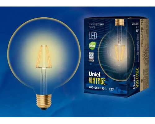Лампа светодиодная филаментная Uniel E27 8W 2250K прозрачная LED-G125-8W/GOLDEN/E27 GLV21GO UL-00002358 Лампа светодиодная филаментная Uniel E27 8W 2250K прозрачная LED-G125-8W/GOLDEN/E27 GLV21GO UL-00002358
