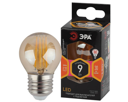 Лампа светодиодная филаментная ЭРА E27 9W 2700K золотая F-LED P45-9w-827-E27 gold Б0047025