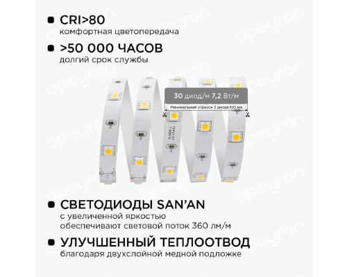 Светодиодная лента Apeyron 7,2W/m 30LED/m 5050SMD теплый белый 5M 10-41 Светодиодная лента Apeyron 7,2W/m 30LED/m 5050SMD теплый белый 5M 10-41