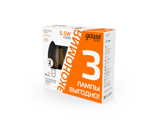 Лампа cветодиодная Gauss E14 5,5W 2700K прозрачная 3 шт. 1031116T Лампа cветодиодная Gauss E14 5,5W 2700K прозрачная 3 шт. 1031116T