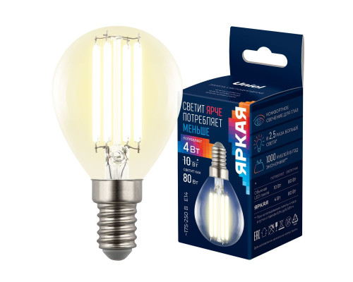 Лампа светодиодная Uniel E14 4W 3000K прозрачная LED-G45-4W/3000K/E14/CL GLY01TR UL-00011938 Лампа светодиодная Uniel E14 4W 3000K прозрачная LED-G45-4W/3000K/E14/CL GLY01TR UL-00011938