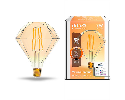 Лампа светодиодная диммируемая филаментная Gauss Smart Home Filament Diamond E27 7W 2500K золотистая 1350112