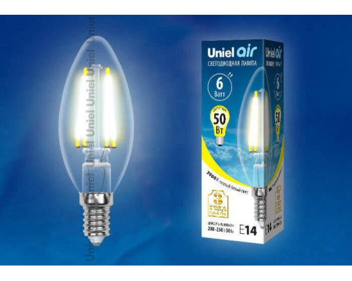Лампа светодиодная филаментная Uniel E14 6W 3000K прозрачная LED-C35-6W/WW/E14/CL GLA01TR UL-00002196 Лампа светодиодная филаментная Uniel E14 6W 3000K прозрачная LED-C35-6W/WW/E14/CL GLA01TR UL-00002196