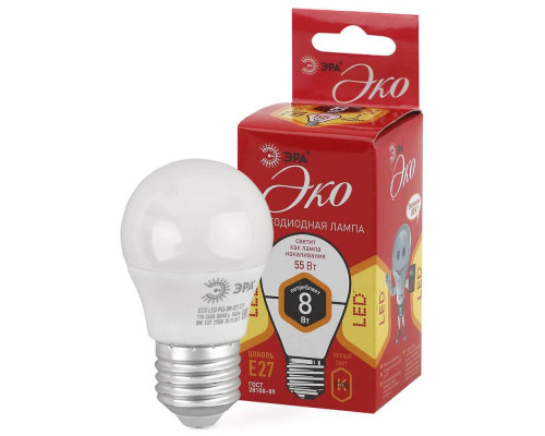 Лампа светодиодная ЭРА E27 8W 2700K матовая ECO LED P45-8W-827-E27 Б0030024