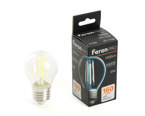 Лампа светодиодная Feron.PRO LB-1706 Шарик E27 1000LM 6W 175-265V 6400K 51252 Лампа светодиодная Feron.PRO LB-1706 Шарик E27 1000LM 6W 175-265V 6400K 51252