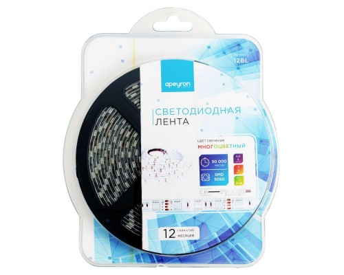 Светодиодная влагозащищенная лента Apeyron 14,4W/m 60LED/m 5050SMD разноцветная 5M 12BL