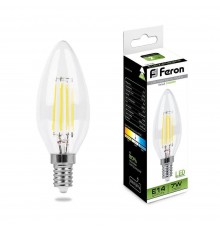 Лампа светодиодная филаментная Feron E14 7W 4000K Свеча Прозрачная LB-66 25780
