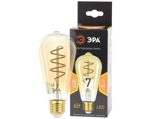 Лампа светодиодная филаментная ЭРА E27 7W 2400K прозрачная F-LED ST64-7W-824-E27 spiral gold Б0047665 Лампа светодиодная филаментная ЭРА E27 7W 2400K прозрачная F-LED ST64-7W-824-E27 spiral gold Б0047665