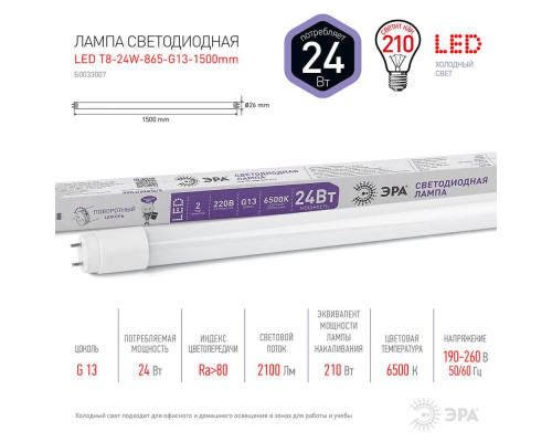 Лампа светодиодная ЭРА G13 24W 6500K матовая LED T8-24W-865-G13-1500mm Б0033007