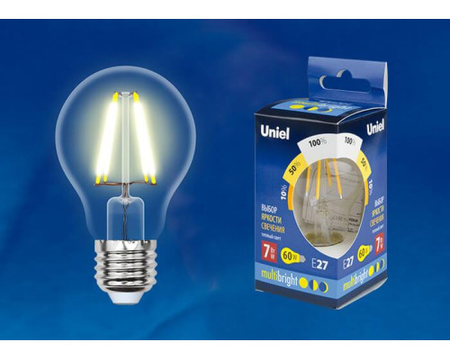 Лампа светодиодная филаментная Uniel E27 7W 3000K прозрачная LED-A60-7W/WW/E27/CL/MB GLM10TR UL-00002366