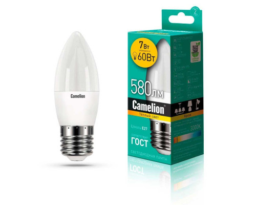 Лампа светодиодная Camelion E27 7W 3000K LED7-C35/830/E27 12077 Лампа светодиодная Camelion E27 7W 3000K LED7-C35/830/E27 12077