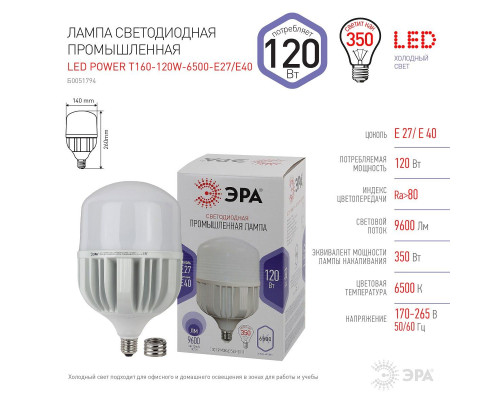 Лампа светодиодная сверхмощная ЭРА E27/E40 120W 6500K матовая LED POWER T160-120W-6500-E27/E40 Б0051794