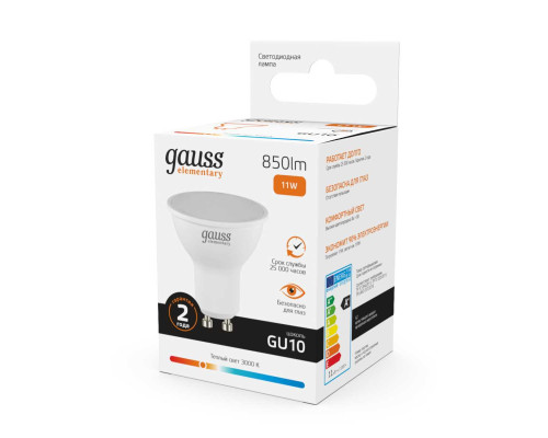 Лампа светодиодная Gauss GU10 11W 3000K матовая 13611