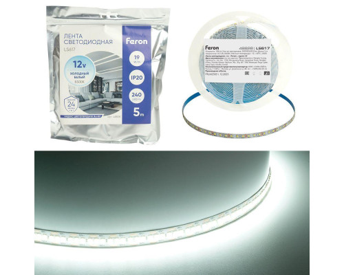 Светодиодная лента Feron 19W/m 240LED/m 2835SMD холодный белый 5М LS617 48828 Светодиодная лента Feron 19W/m 240LED/m 2835SMD холодный белый 5М LS617 48828