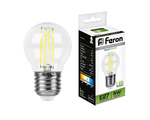 Лампа светодиодная филаментная Feron E27 5W 4000K Шар Прозрачная LB-61 25582 Лампа светодиодная филаментная Feron E27 5W 4000K Шар Прозрачная LB-61 25582