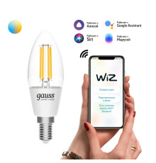 Лампа светодиодная диммируемая филаментная Gauss Smart Home Filament E14 4,5W 2000-6500K прозрачная 1250112