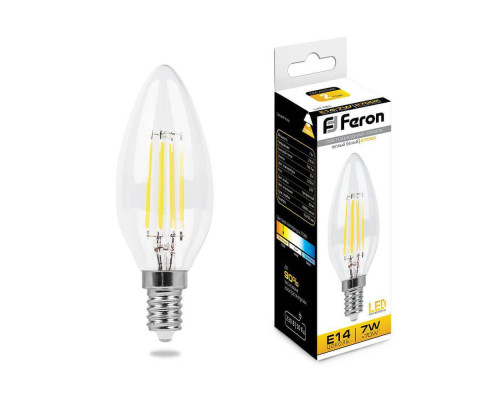 Лампа светодиодная филаментная Feron E14 7W 2700K Свеча Прозрачная LB-66 25726 Лампа светодиодная филаментная Feron E14 7W 2700K Свеча Прозрачная LB-66 25726