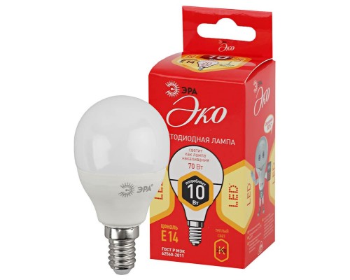 Лампа светодиодная ЭРА E14 10W 2700K матовая ECO LED P45-10W-827-E14 Б0032968