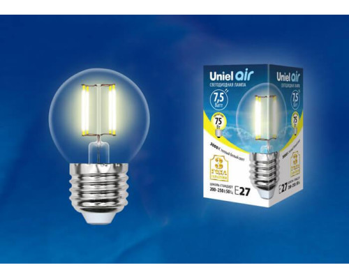 Лампа светодиодная филаментная Uniel E27 7,5W 3000K прозрачная LED-G45-7,5W/WW/E27/CL GLA01TR UL-00003252 Лампа светодиодная филаментная Uniel E27 7,5W 3000K прозрачная LED-G45-7,5W/WW/E27/CL GLA01TR UL-00003252
