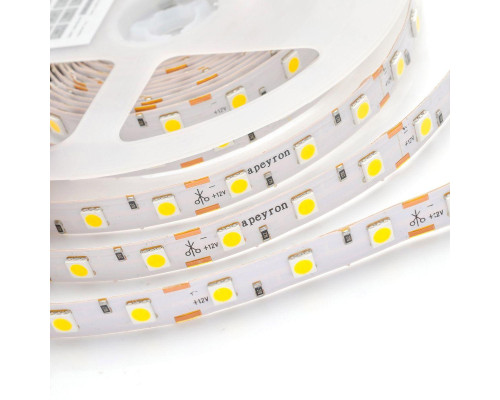 Светодиодная влагозащищенная лента Apeyron 14,4W/m 60LED/m 5050SMD теплый белый 5M 00-74 Светодиодная влагозащищенная лента Apeyron 14,4W/m 60LED/m 5050SMD теплый белый 5M 00-74