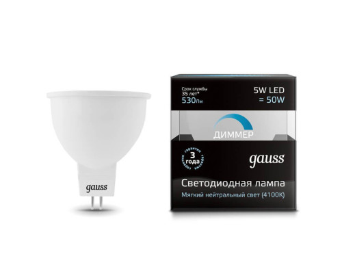 Лампа cветодиодная диммируемая Gauss GU5.3 5W 4100K матовая 101505205-D Лампа cветодиодная диммируемая Gauss GU5.3 5W 4100K матовая 101505205-D