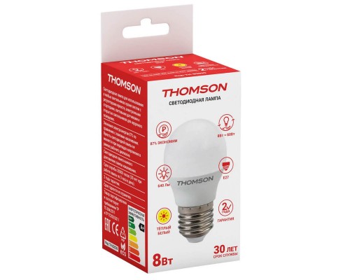 Лампа светодиодная Thomson E27 8W 3000K шар матовая TH-B2039