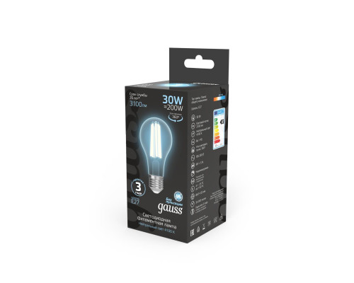 Лампа светодиодная филаментная Gauss E27 30W 4100K прозрачная 102902230