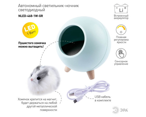 Светильник-ночник ЭРА Хомяк зеленый NLED-468-1W-GR Б0052817